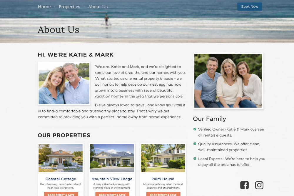Example of a short-term rental direct booking website About page showing host profile, story and property listings