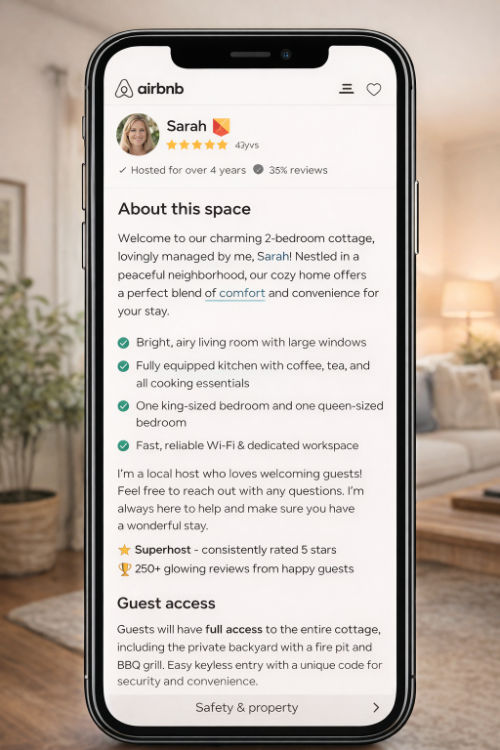 Example of an Airbnb listing description on a mobile device showing host profile, property details and guest information