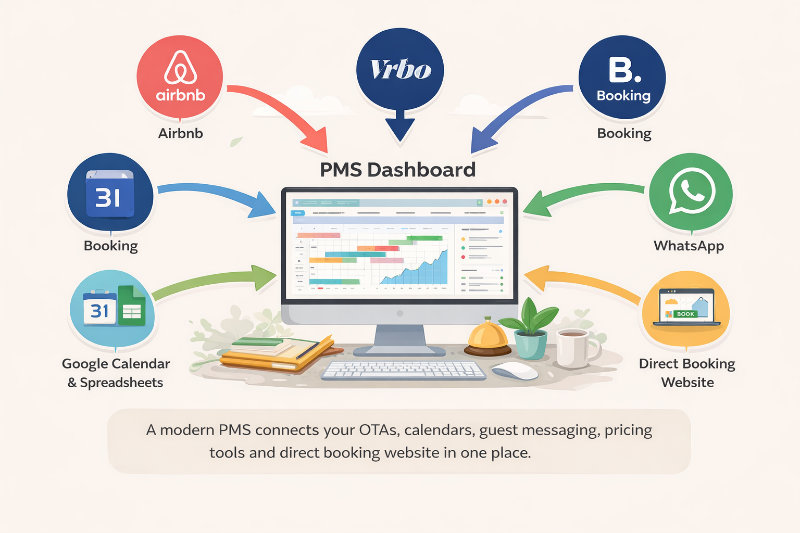 Diagram showing how a Property Management System connects OTAs, calendars, guest messaging and a direct booking website in one dashboard