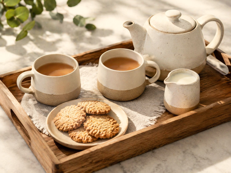 Hospitality-tray-with-cups-of-tea,teapot,milkjug and biscuits