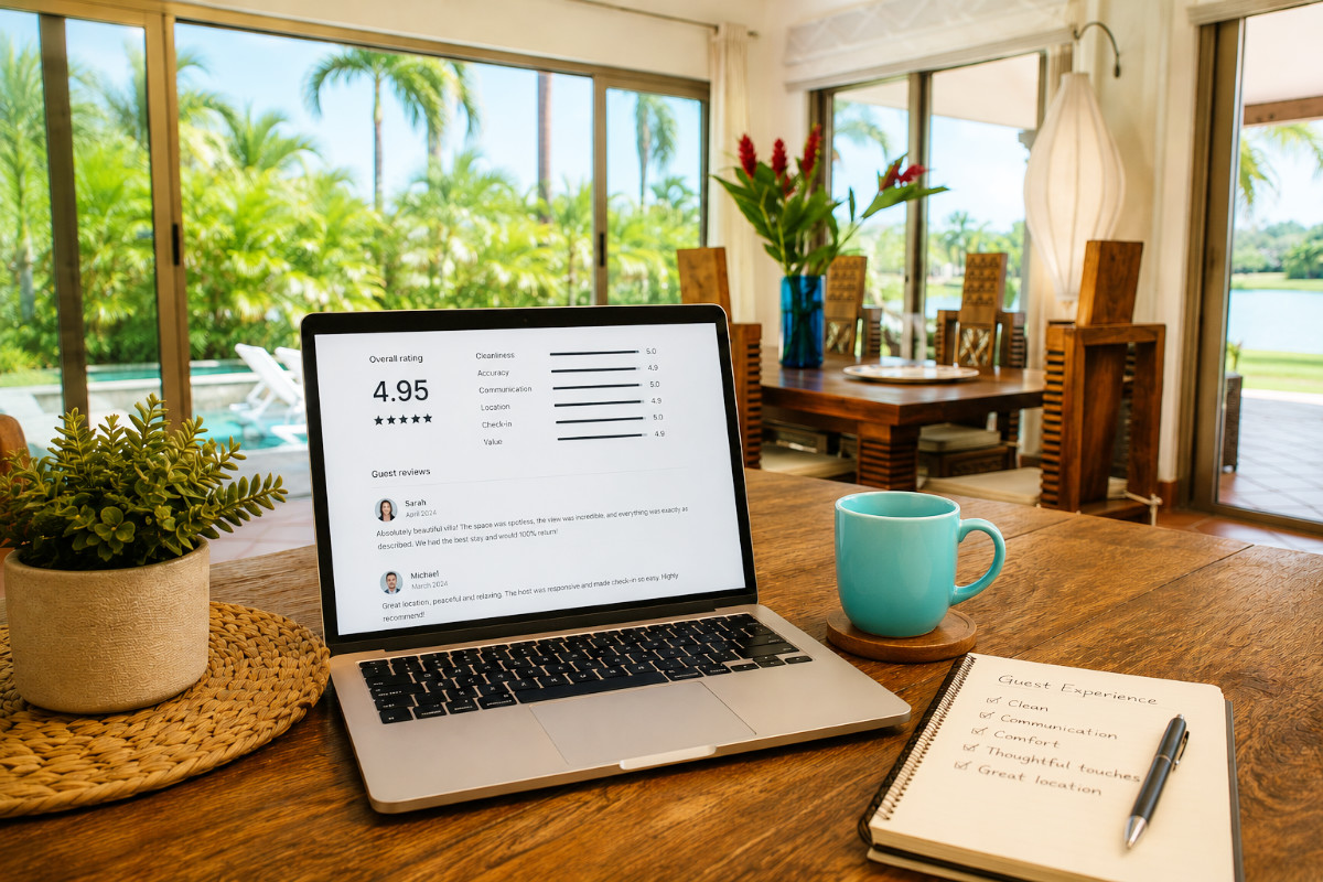 Laptop displaying guest reviews inside a tropical luxury villa with lake views, highlighting the importance of guest experience and hospitality in short-term rentals
