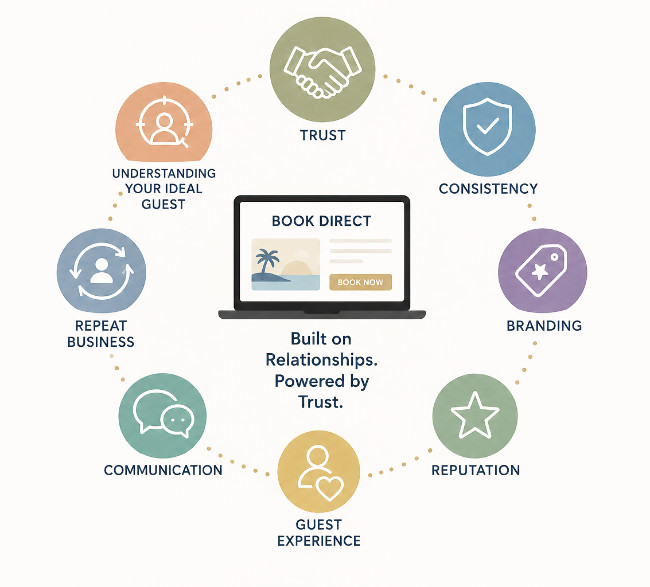 Infographic illustrating the foundations of successful direct booking websites for vacation rentals and short-term rentals, including trust, consistency, branding, reputation, guest experience, communication, repeat business, and understanding the ideal guest. A central “Book Direct” website graphic is surrounded by icons representing each key element of hospitality and guest trust.