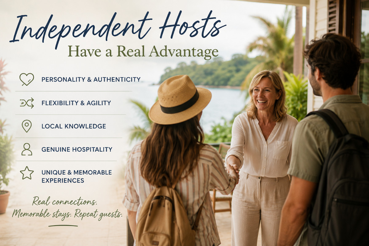 Warm hospitality-themed image showing an independent short-term rental host welcoming guests at a tropical vacation rental property. The graphic highlights the advantages independent hosts have through personality, flexibility, local knowledge, authentic hospitality, and memorable guest experiences that help drive repeat bookings and guest trust.