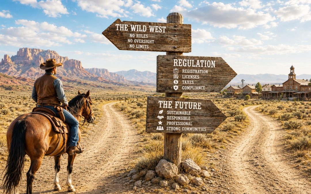 Cowboy at a crossroads symbolizing the future of short-term rental regulation.
