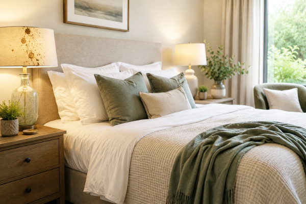 Image of a bedroom with the detail of a lightshade that has stains
