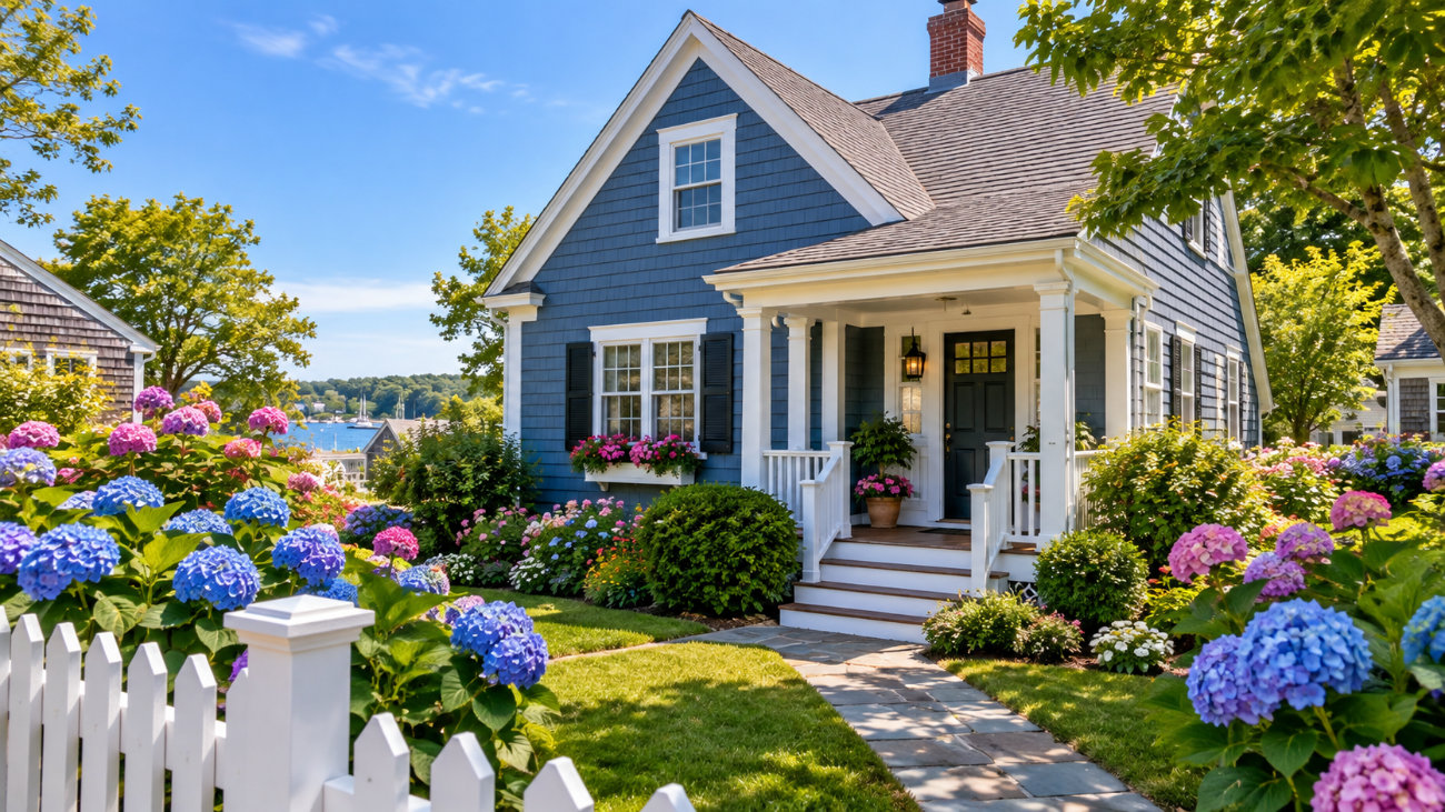 Airbnb-Cape-Cod-Style-Blue-Clapboard-Cottage-with-Hydrangeas 